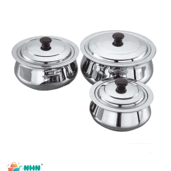 Set of 3 Stainless Steel Desi Handi Cooking Pots with Lids – Traditional Style Kitchen Cookware Set